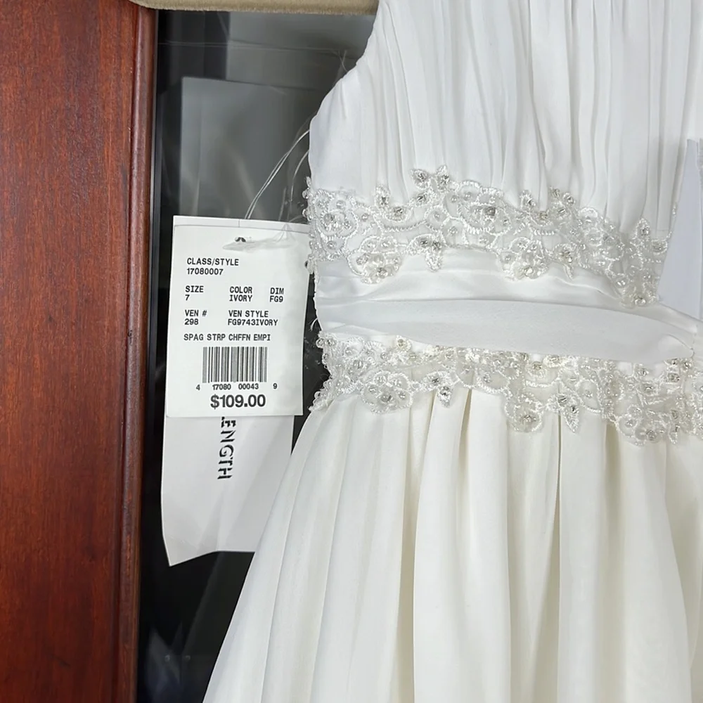 David's Bridal Girls Ivory Beaded Empire Waist Formal Dress - Picture 5 of 9